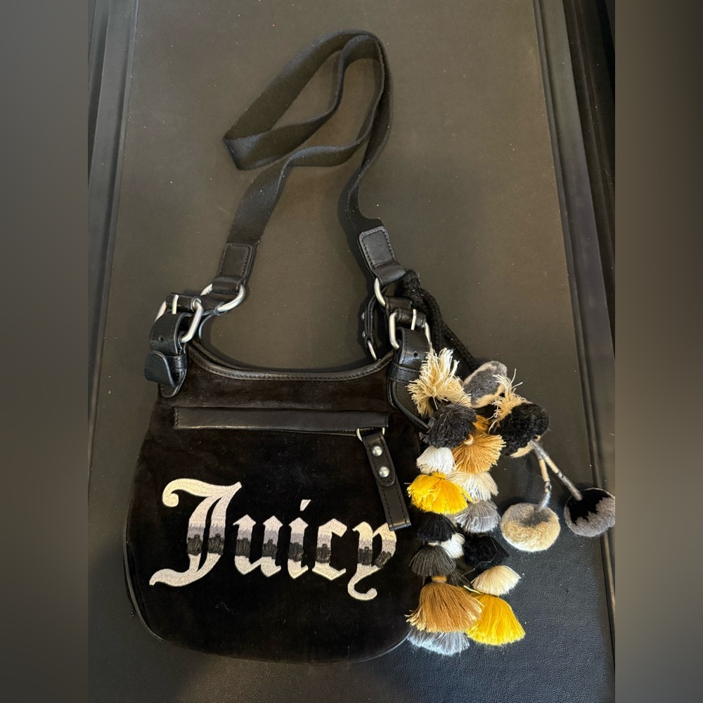 Juicy Couture Black Shoulder Bag with Pom Poms